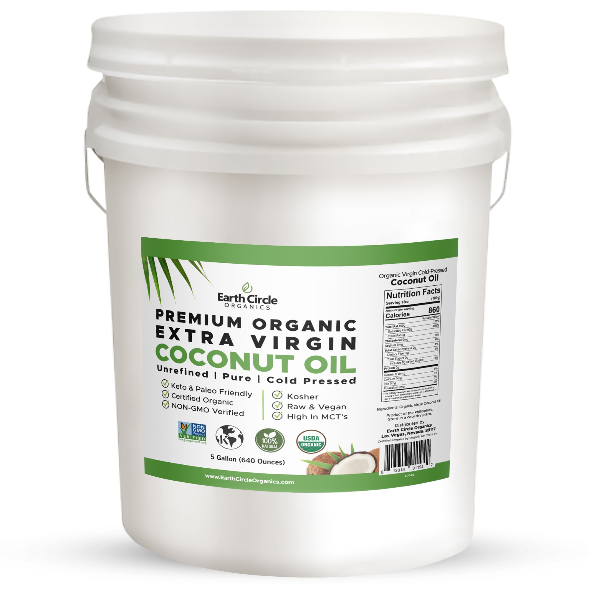 Earth Circle Organics Organic Virgin Coconut Oil - 5 Gallon - High Quality and Sustainable Superfood