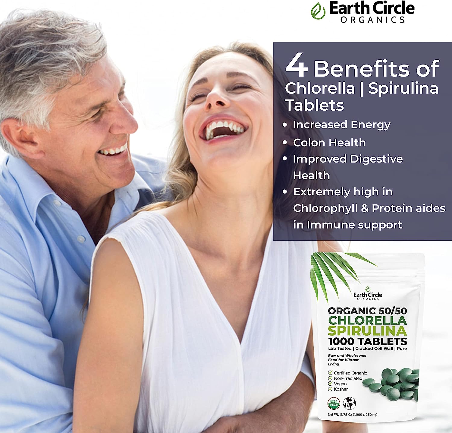 Organic Chlorella and Spirulina Tablets - High Chlorophyll and Protein Superfood Blend from Taiwan by Earth Circle Organics