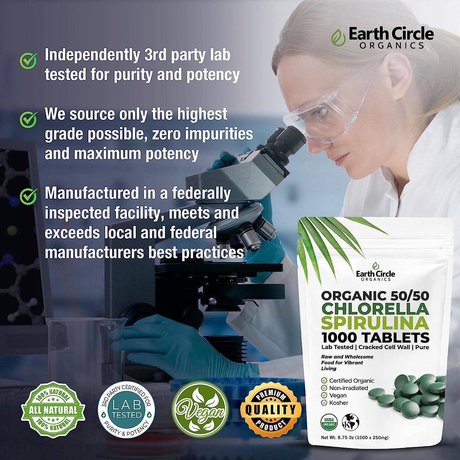 Organic Chlorella and Spirulina Tablets - High Chlorophyll and Protein Superfood Blend from Taiwan by Earth Circle Organics