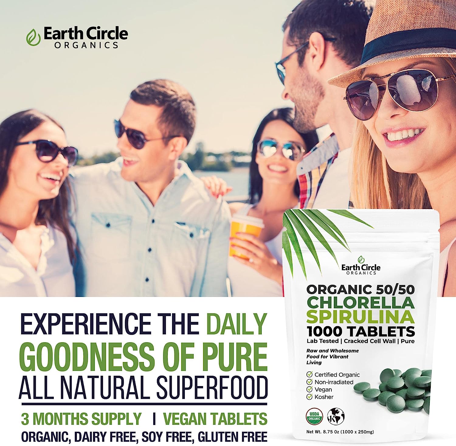 Organic Chlorella and Spirulina Tablets - High Chlorophyll and Protein Superfood Blend from Taiwan by Earth Circle Organics