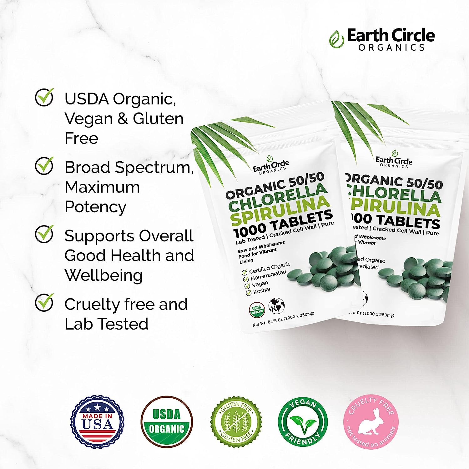 Organic Chlorella and Spirulina Tablets - High Chlorophyll and Protein Superfood Blend from Taiwan by Earth Circle Organics