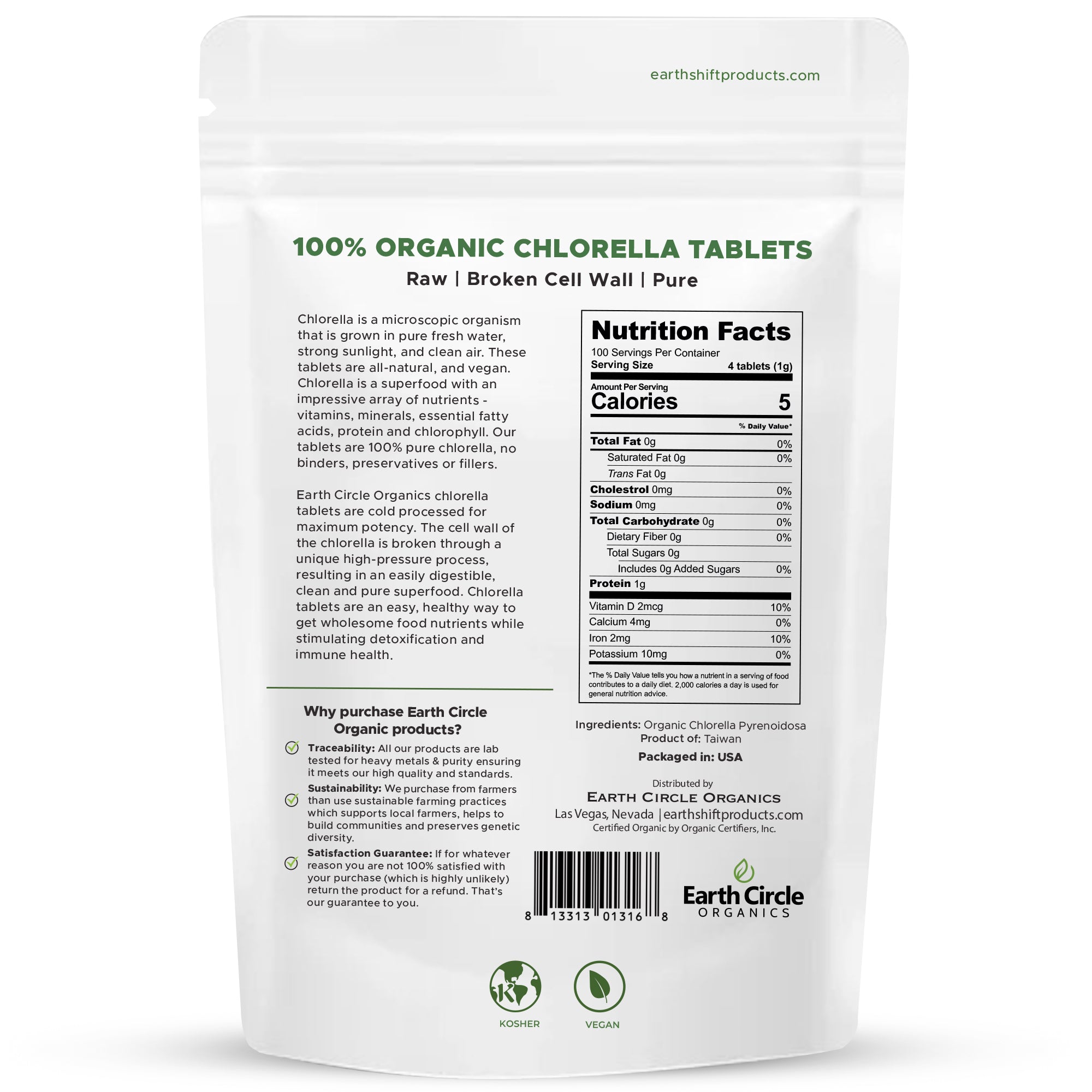 Earth Circle Organics Organic Chlorella Tablets - Superfood with Highest Chlorophyll Content