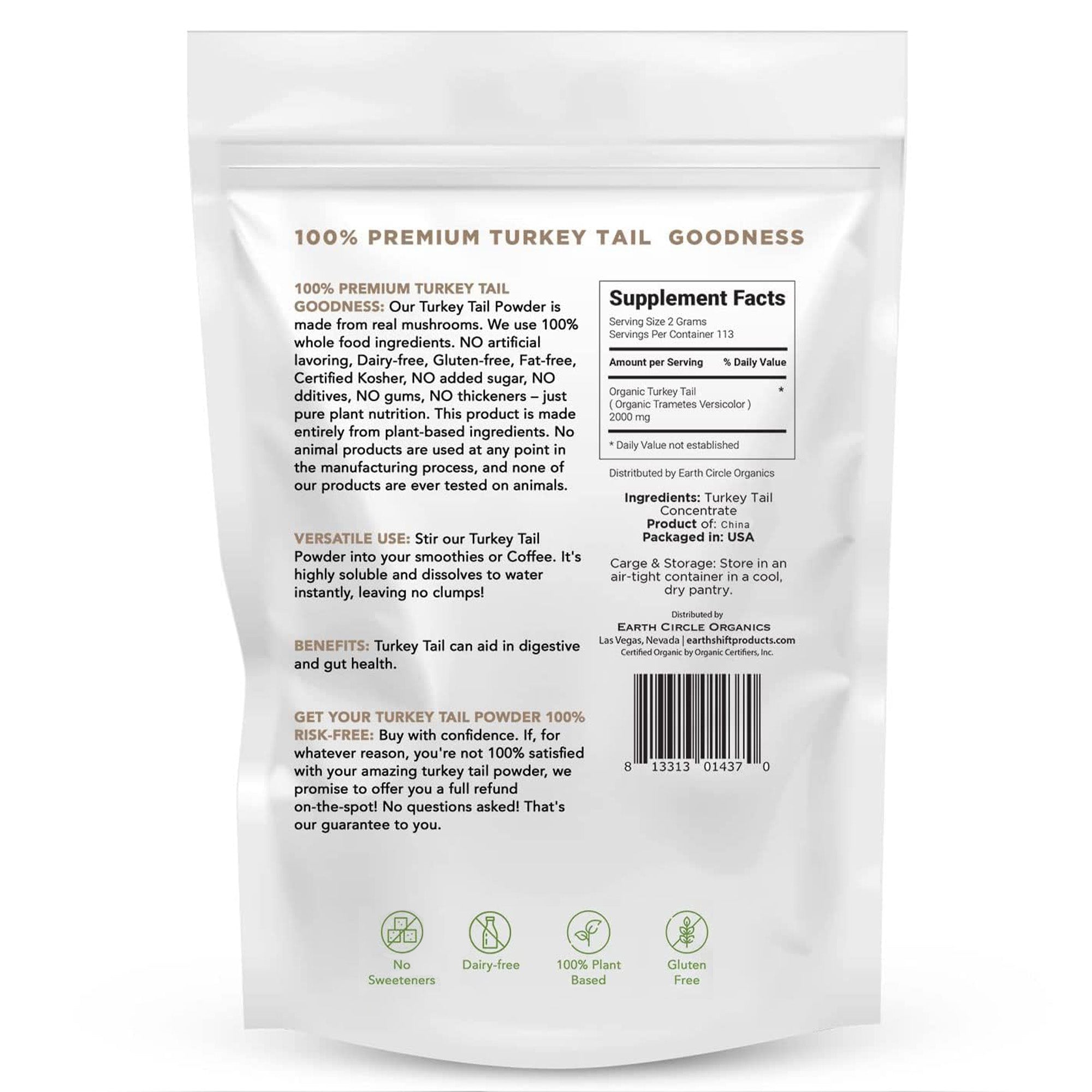 Earth Circle Organics Turkey Tail | Organic Powder, Non GMO | Improves Digestive Support , Gut Health and Immunity - 8oz