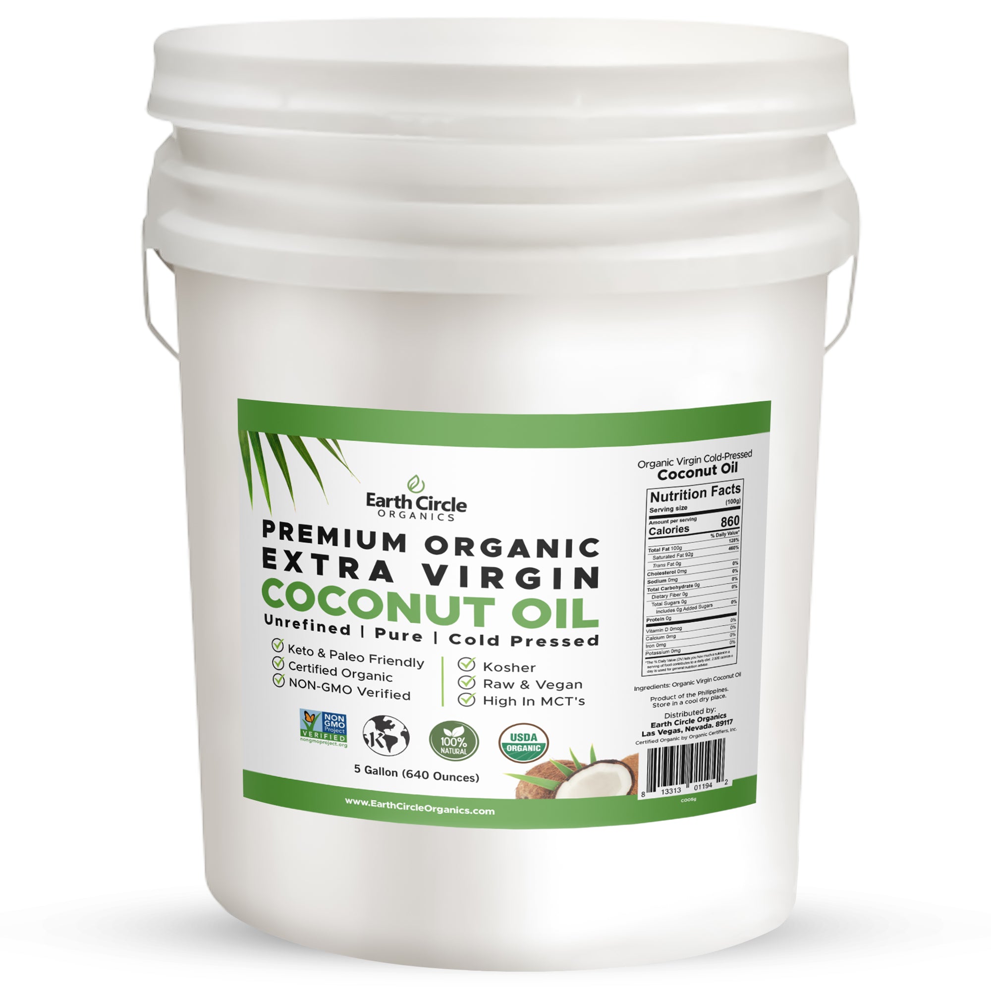 Earth Circle Organics Organic Virgin Coconut Oil - 5 Gallon