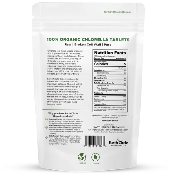 Earth Circle Organics Chlorella Tablets - Organic Superfood with High Chlorophyll Content