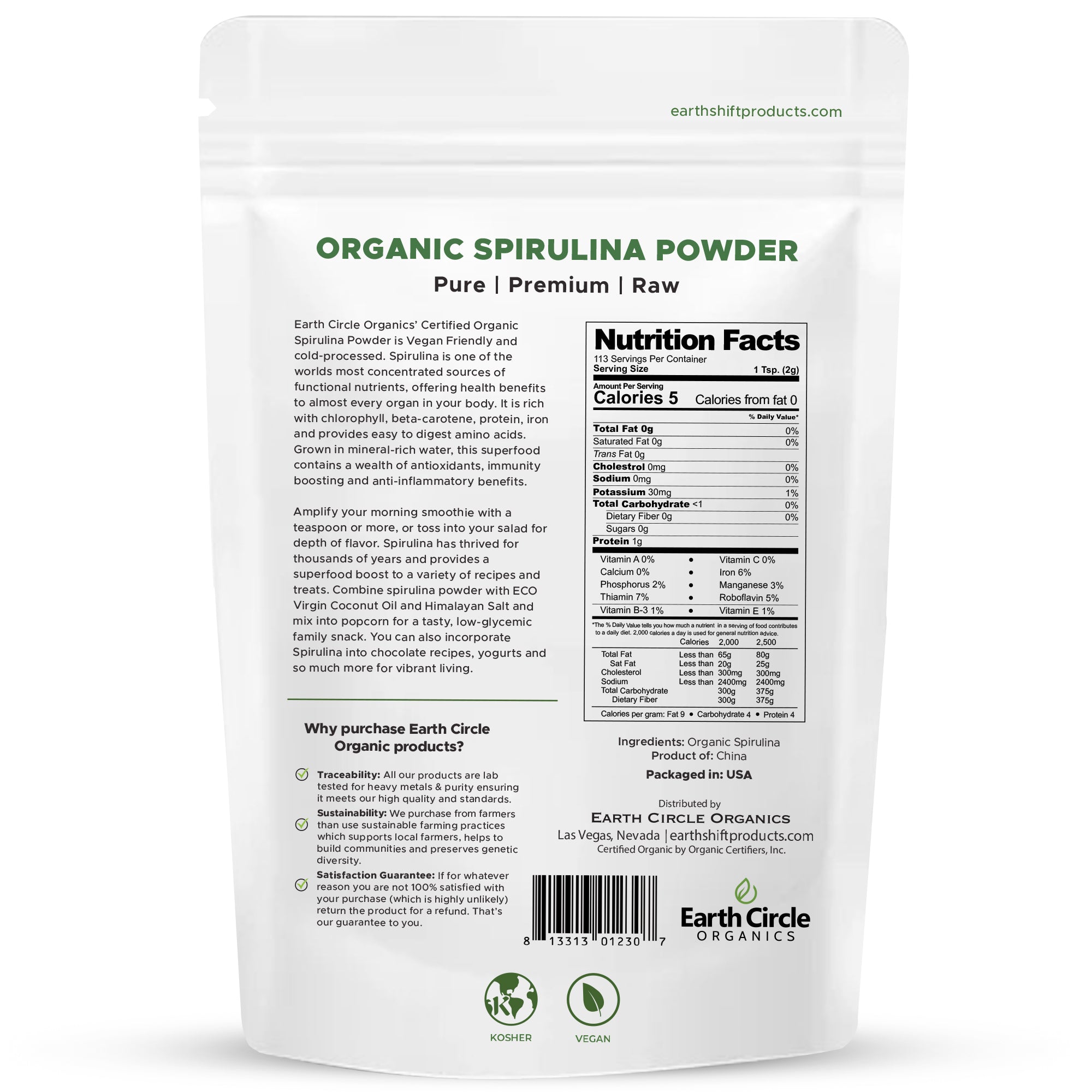 Earth Circle Organics Spirulina Powder | Certified Organic Superfood from Sustainable Farming Practices