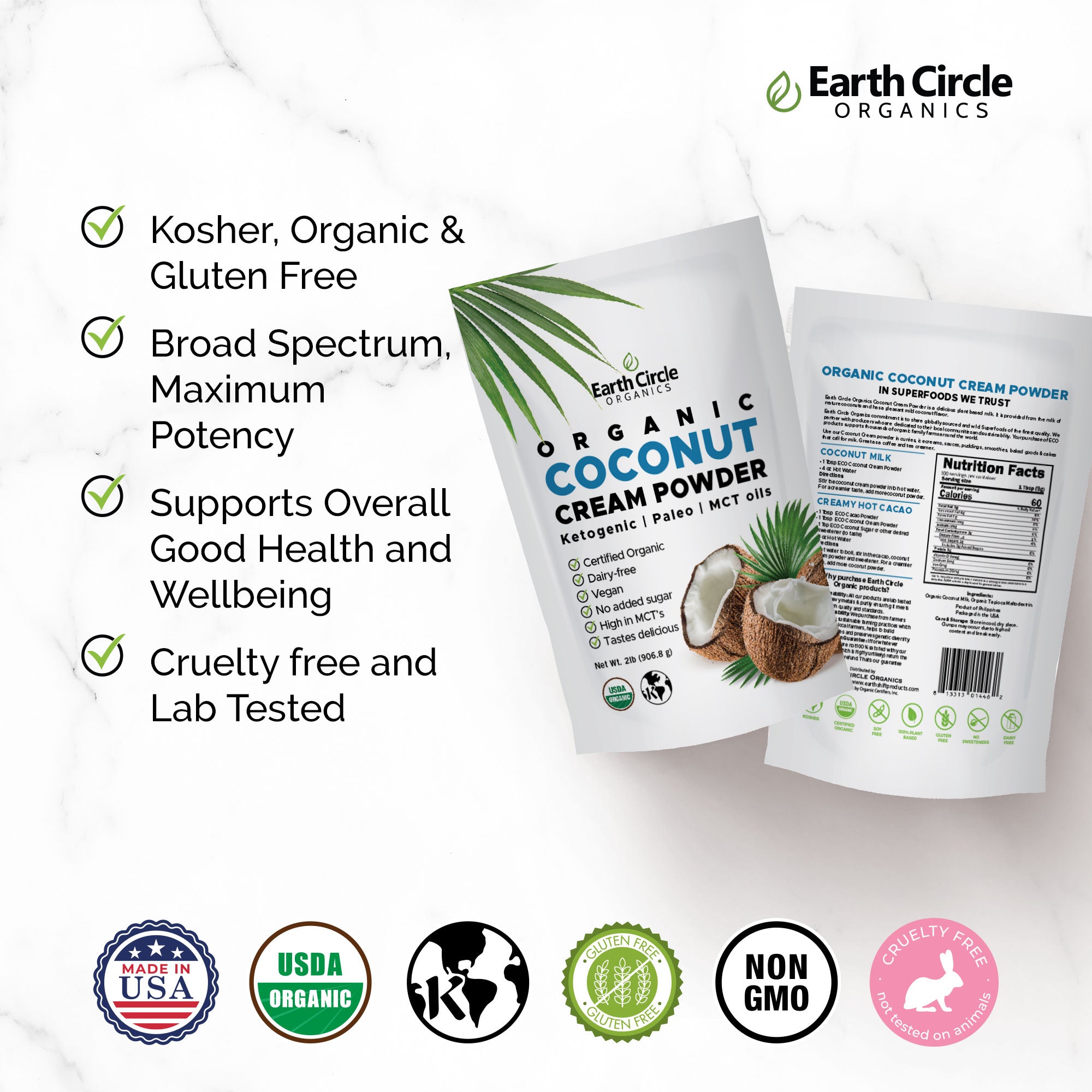 Earth Circle Organics - Organic Coconut Cream | Milk Powder, Perfect Keto Coffee Creamer - High in MCT Oil, Vegan, No Added Sugar, Gluten and Dairy Free - 2 Pound